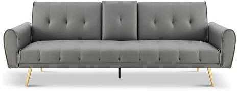 Bravich Lora Three Seater Sofa Bed - Light Grey. Faux Leather Sofa Bed With Cup Holder, Click Clack Mechanism. Recliner Couch To Double Bed. Space Saving Furniture For Living Room, Guest Room.