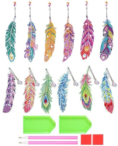 Ashuxxn 12 Stück 5D Lesezeichen Set - Diamond Painting Feather Bookmark Anhänger für Kinder - DIY Handwerk