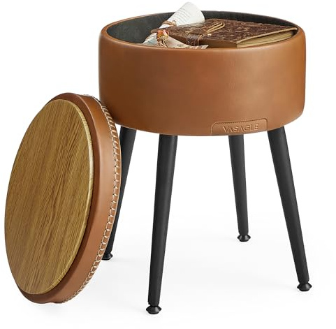 VASAGLE EKHO Collection - Storage Ottoman, Dressing Table Stool, Synthetic Leather with Stitching, Mid-Century Modern, Round Storage Stool Seat with Steel Legs, Loads 150 kg, Caramel Brown LOM005K51