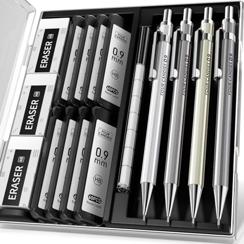 Four Candies Set med 4 st, tryckblyertspennor, blyertspenna på 0,9 mm, metallpennor med 8 paket bly HB #2, 3 stycken 4B-suddgummin och fodral, blyertspennor för att skriva och rita