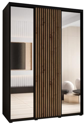 ABIKSMEBLE Lanko 2 Armoire à Trois Portes Coulissantes avec Miroir, Barre, Étagères - Moderne Armoire de Rangement pour Chambre, Salon - 235,2x180x60 cm - Noir Artisan Noir