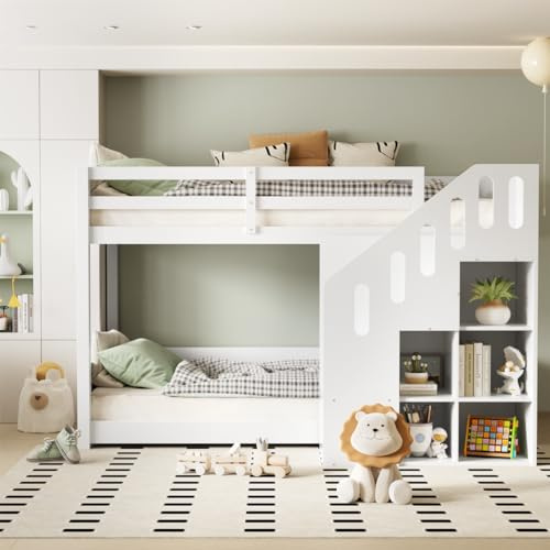 Hochbett 90x200 mit Treppen und Schließfächern, Kinderbetten Doppelstockbett mit Lattenrost, Stauraumbett Für 2 Kinder, Massivholz Funktionsbett Etagenbett Stockbett Jugendbett, ohne Matratze, Weiß
