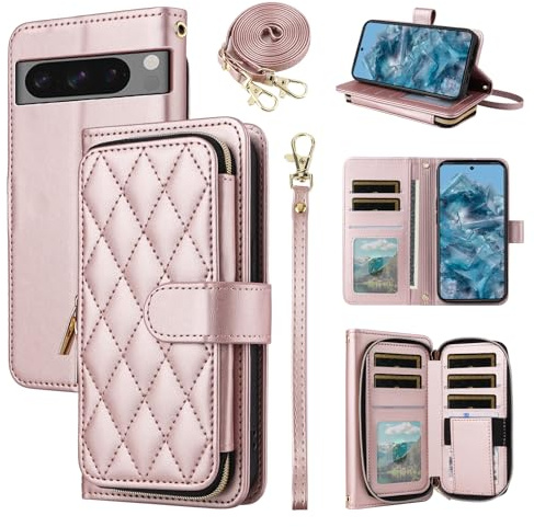 ELISORLI Wallet Case for Google Pixel 8 Pro 5G with Wrist Strap, Crossbody Shoulder Strap, Luxury PU Leather Stand Cell Phone Cover with 9+ Card Slots for Pixel8Pro Pixel8 XL Eight 8Pro Women Pink