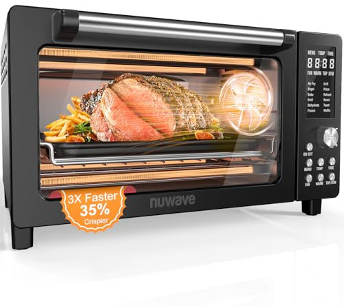 Nuwave Bravo Pro Smart Air Fryer Toaster Oven Combo, Airfryer Convection Oven Countertop, 10-in-1 Functions with Quicker & Even Crisp Technology, 1800W, 50-450°F, PFAS-Free, 21QT, Black