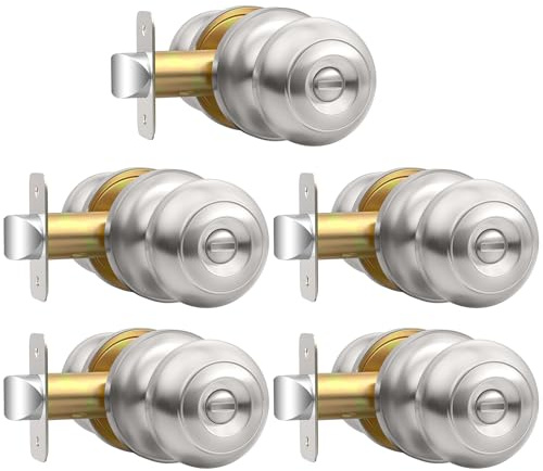 AEEKEL Lot de 5 boutons de porte d'intérieur sans clé en nickel brossé avec serrure, pour chambre à coucher, salle de bain, réversibles pour poignée de porte gauche/droite