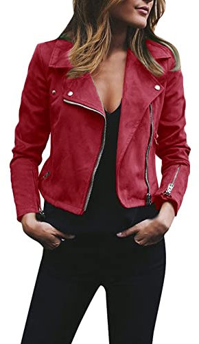 Veste de moto courte en cuir synthétique pour femme - Taille 44 - Veste de moto imperméable coupe-vent - Veste bomber à fermeture éclair - Veste décontractée pour femme, Rouge, 4XL