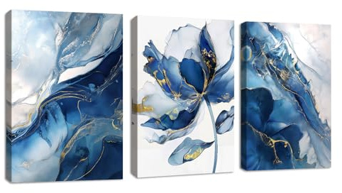 FajerminArt 3 Pcs Navy Blue Flowers Framed Canvas Wall Art, Modern Abstract Marble Wall Pictures Nordic Minimalist Canvas Painting Wall Decor for Bedroom Living Room Office Ready to Hang 30x40cmx3