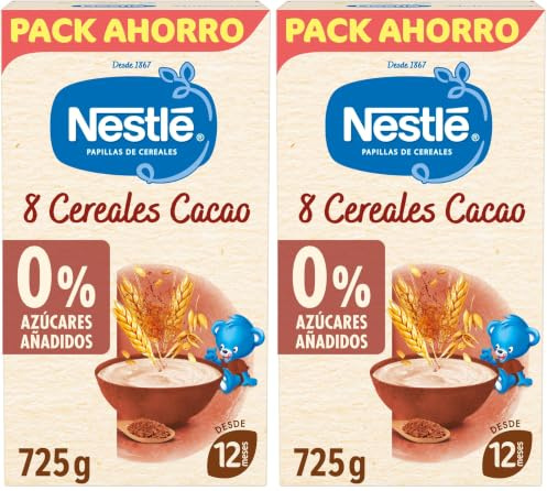Nestlé Papilla 8 Cereales con Cacao, sin azúcares añadidos, a partir de los 12 meses, 725 g (Paquete de 2)