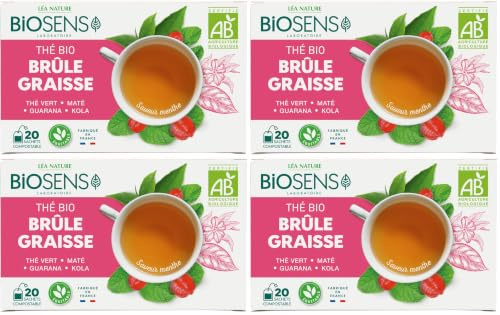 Biosens - Thé Brûle Graisses - Thé Vert, Maté, Guarana et Kola - Certifié Bio AB - Fabriqué en France - Commerce Équitable - 20 sachets (Lot de 4)