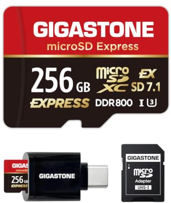【Diseñada para Switch 2】GIGASTONE 256GB microSD Express R/W 880/650MB/s, Memoria SDXC 2.0 3.0 5.0 7.1 UHS-I UHS-II, Cámara de Acción Dron V30 Adaptador SD y Lector USB-C【5 Años Recuperación de Datos】