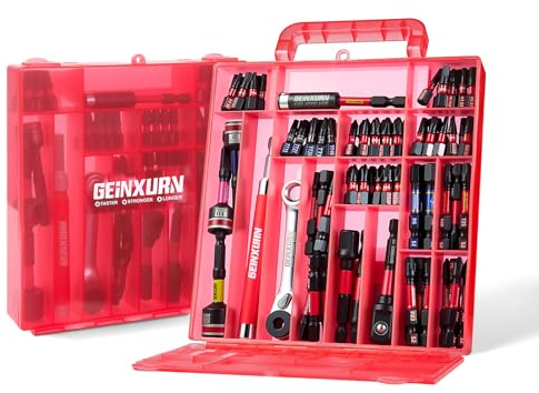 Geinxurn Lot de 99 Embouts de Vissage (Torx, Cruciforme, PZ, Hex, SL), en Acier S2 Magnétique, avec Porte-embout, Adaptateur, Clé à Douille, Mini Clé à Cliquet avec Boîte de Rangement Rouge