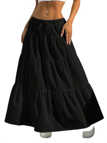 GRMLRPT Gonna Donna Maxi Elegante Elastico Vita A-Linea Sciolto Abiti da Spiaggia Vacanze Estate Casual(Nero,XL)
