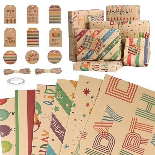 HonGien 18PCS Happy Birthday Wrapping Paper Gift Wrapping Paper Brown Kraft Birthday Gift Wrap Set with Sticker for Female, Boys, Girls, Kids