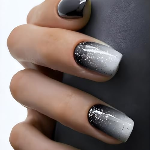 Black Glitter False Nails - Ombre Black Fake Nails with Glue - 24PCS Medium Square Press on nails - Gothic Stick on Nails for Women Girls - Full Cover Acrylic nail Tips for DIY French Manicure at Home
