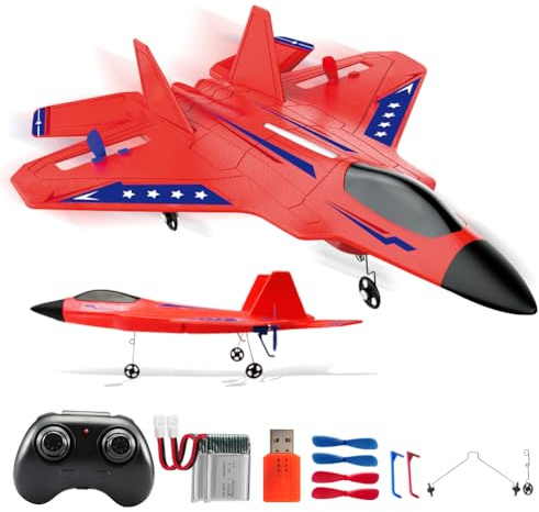 Fremego RC Flugzeug RTF,2.4Ghz Ferngesteuertes Flugzeug für Anfänger Rot | mit 2 Akkus,LED-Lichtern, Kampfflugzeuge Flugzeug Spielzeug Flugzeug Ferngesteuert für Kinder Erwachsene