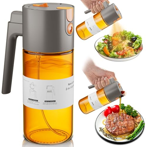 LAKUMIQI 2 in 1 Oil Sprayer for Cooking, 17oz Light-Blocking Glass Spray Bottle with Stickers, Oil Dispenser for Salad, Air Fryer & BBQ