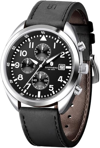 SAPPHERO Montre pour Homme : Bracelet en Cuir, Montre Classique pour Homme d'affaires, Cadran à Chiffres Arabes, Excellente lisibilité — Montre à Quartz élégante avec Fonction chronographe | Étanche jusqu'à 30 m, design de date, sport, décontracté, affaires, élégant, cadeau pour homme, montre squelette