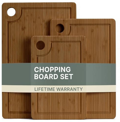 LARHN Solid Vertical-Grain Carbonised 3-Piece Chopping Board Set, Pre-Oiled | Cutting Board Sizes: 34x22/29x19/24x16cm, Carbonised Bamboo, Juice Groove, Plastic-Free, for Meat, Veg, Bread, Cheese