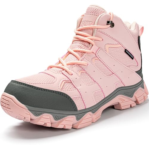 R CORD Girls High-Top Hiking Boots Waterproof Ankle Support for Rough Terrain & Climbing Pink Size 4 Big Kid