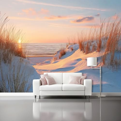 Fotomurales Nieve Playa Atardecer Naturaleza Romance Papel pintado tejido no tejido decoración Pared decorativos 300 x 210 cm Sala Cuarto Oficina Salón Decoración Casa Colores cálidos blancos