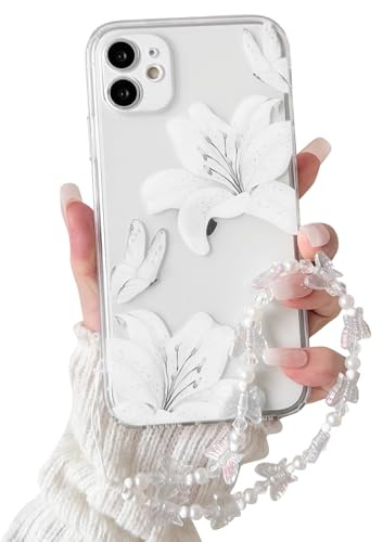 NITITOP for iPhone 11 Case Clear Cute Flower Lily Chain,White | for Women Girls, Floral Butterfly Design, with Wrist Strap, Soft TPU Shockproof Cover, Full Camera Protection