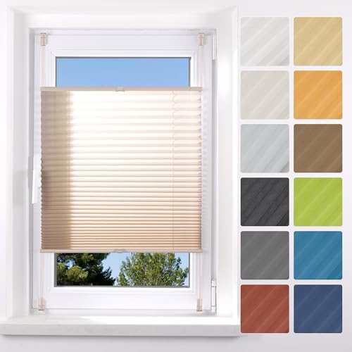Grandekor Plissee Klemmfix ohne Bohren B50 x H120 cm Beige Jalousie Alustange, Zubehöre und Stoff in der gleichen Farbe, Rollos für Fenster & Tür Sicht- und Sonnenschutz