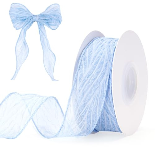 G2PLUS Blau Organzaband mit Falten: 4cm Schleifenband Stilvoll | 9M Transparent Geschenkband für Hochzeit Geburtstag Neugeborenenpartyg DIY Basteln Deko