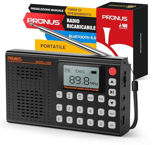 PRUNUS J-168 FM/Am/SW Radio Digital con Preajuste Manual, Radio Portatil Pequeña Recargable de 2000mah, Temporizador de Sueño, Excelente Recepción, Radios con Bluetooth 5.0, Reproductor de TF.