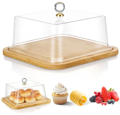 Didiseaon Square Cake Display Tray with Lid 10.43X10.43X6.30In Transparent Dome Cover for Cake Preservation and Food Presentation in Home and Shop