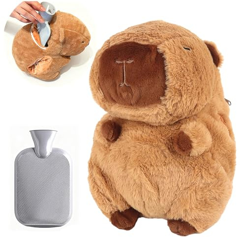 RNPKZ Wärmflasche Kinder, Capybara Wärmflasche mit Bezug, Süß PlüSch Wärmflaschen Tier, Capybara Plüschtier Heißwasserflasche, Herausnehmbarer Innenbehälter, Wärmflaschen für Kinder Erwachsene (A)