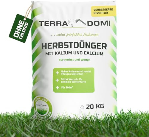 TerraDomi Rasendünger Herbst 20kg für 500m² | ohne Chlorid | Kalium Dünger für starke Wurzeln macht den Rasen winterfest | fördert Langzeitwirkung | streuwagengeeignet | Herbstdünger Rasen