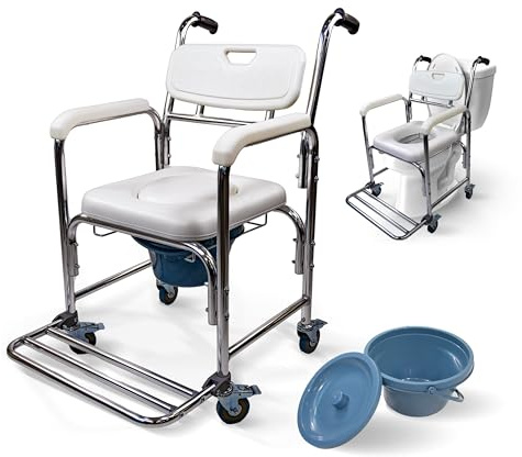 Mobiclinic®, Chaise Percée Adulte, 3 en 1, avec Douche et WC, WC portable, Pot Amovible de 4,3L, Roues avec Freins, Repose-Pieds Pliables, Siège et Accoudoirs Rembourrés, Jusqu'à 100 kg, Rope