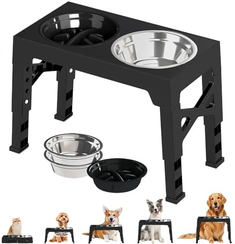 Ccarzzi Raised Dog Bowls 5 Height Adjustable Elevated Dog Bowl Stand with Slow Feeder Bowl and 2 Stainless Steel Bowls for Small Medium Large Dogs and Cats