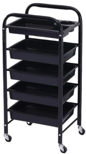 Chariot Coiffure Domicile Chariot De Salon Beauté avec Tiroir en PVC À roulettes pour Coiffeur Support pour Sèche-Cheveux Utilitaire Roue Fer Tablette De Salon A Roulette(Black,5-Tiers)