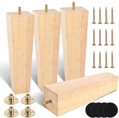 MUXHEL Sofa Legs Set of 4, 20cm Sofa Feet Wooden Furniture Legs, Replacement Sofa Legs Solid Wood Furniture Legs M8 Bolt with Mounting Plate & Screws for Couch Armchair Dresser-Wood Color