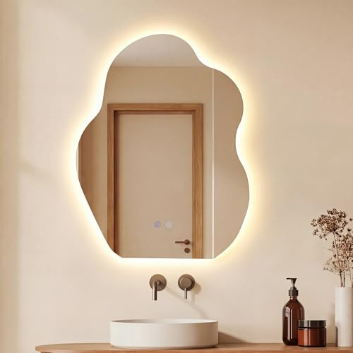 LIFEZEAL Miroir Salle de Bain en Forme de Nuage à Interrupteur Tactile, Miroir Mural avec Eclairage LED Réglable 3 Couleurs, Fonction Anti-Buée&Mémoire pour Chambre, Couloir (70 x 50 cm, Ondulée)