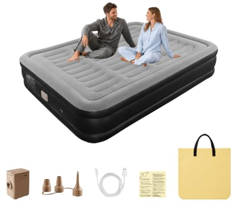 Risdor King Size Air Bed with Built-in Removable Rechargeable Pump, No Plug Socket Needed, 40cm Raised Inflatable Mattress, Flocked Guest Bed for Home and Camping, 200 x 150 x 40cm, Black