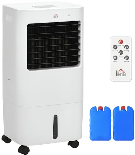 HOMCOM 3 in 1 Luftkühler mit Luftbefeuchtung Wasserkühlung 15L 60° oszillierendes Ventilator 65W mit 8h Timer, Fernbedienung, Nutzungsraum 20 ㎡ Weiß 32 x 37 x 69 cm