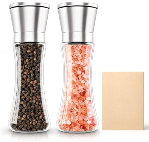 Salt and Pepper Grinder Manual Condiment Set Glass Body Salt and Pepper Mills Condiment Set Stainless Steel Refillable Adjustable Coarseness for Peppercorn Sea Salt