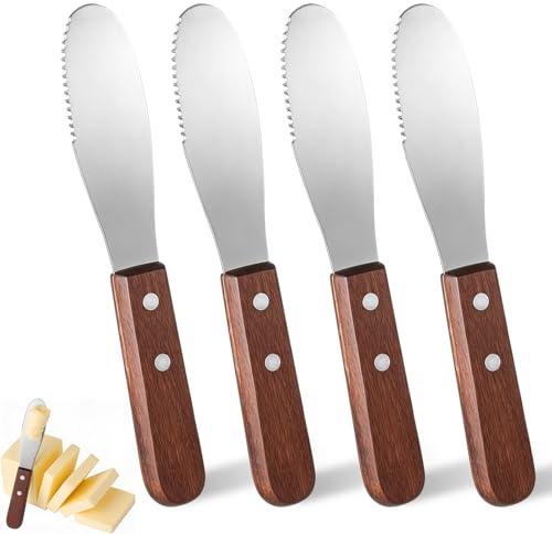 Fibraze 4 Pack Butter Knife Spreader Stainless Steel Cream Cheese Spreader with Wood Handle Butter Knife with Holes for Butters Cheese, Cream, Sandwich, and Condiment Serving