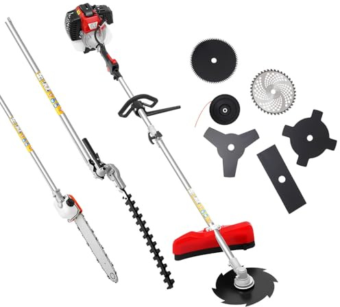 52cc Motorsense bensin, 2-taktsfriklippare, bensin, grästrimmer, 9-i-1, multifunktion med utdragbar häcktrimmer, motorsåg, cirkelsågblad trådspole