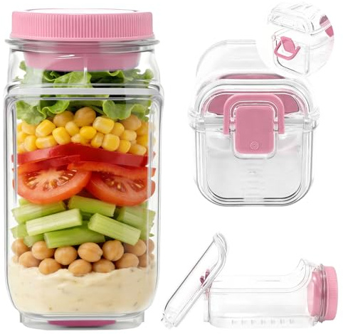 Mjuthy Salade to Go Box, caja de ensalada de varias capas, recipiente de ensalada que se abre en el lateral con compartimento hermético para el aderezo, tupperware portátil para preparar comidas