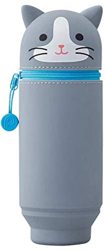 LIHIT LAB Kawaii japanische Katze großes stehendes Federmäppchen für Schule, Büro, Uni, niedliches Schulbedarf, Tier-Stiftehalter, Stifteetui für Erwachsene und Mädchen, Künstler-Federmäppchen, graue Katze (A7714-4)