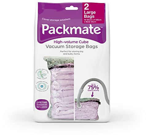 Packmate - 2 Large 85 x 50 x 25cm Cube Vacuum Storage Bags - Ideal for Storing Double Bedding, Duvets, Clothing, Coats, Jackets, Towels, Blankets and Much More