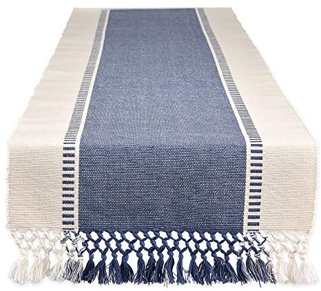 DII Dobby Stripe Table Runner, 13x108, French Blue & Cream Background
