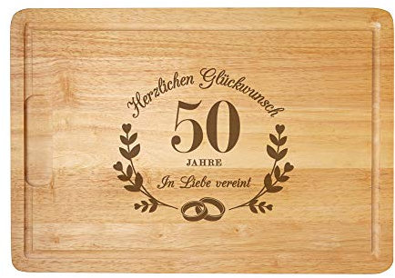 Casa Vivente Schneidebrett mit Gravur zur Goldenen Hochzeit und Ring Motiv, Holzbrett mit Saftrille, Geschenkidee für Paare