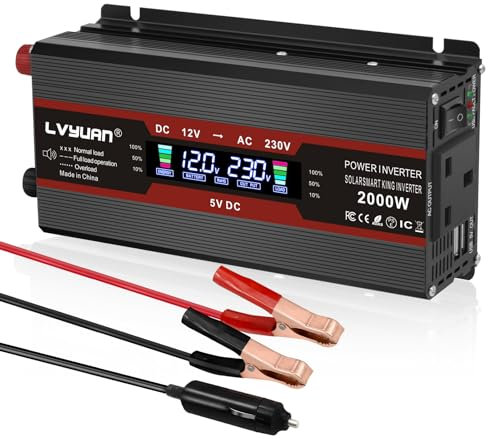 LVYUAN Power Inverter 2000W 12V to 240V / 230V LCD UK Socket USB 4.2A Car Converter