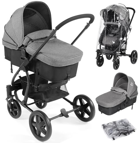 Hadwin Pram 2-in-1 Travel System, Foldable Baby Pushchair with Rain Cover, Reclinable Reversible Pushchair Seat from Birth, Buggy with Lying Function for Newborn to Toddler-Black & Grey