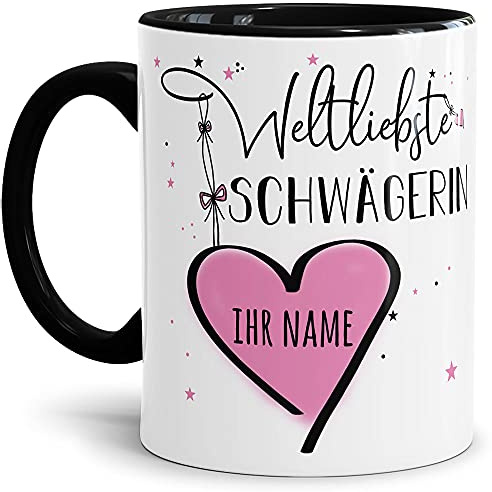 Tassendruck Keramik Tasse - Weltliebste Schwägerin - zum selbst gestalten mit Name - Geschenk für die beste Schwägerin - Innen & Henkel Schwarz, 300 ml
