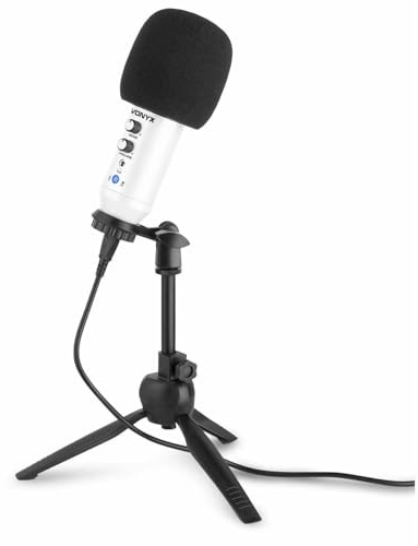 VONYX CM320W USB Studio Condenser Microphone with Echo Effect, Built-in Sound Card, Headphone Jack, Mute Function, Tripod Stand – Podcasting, Gaming & Streaming Mic, White